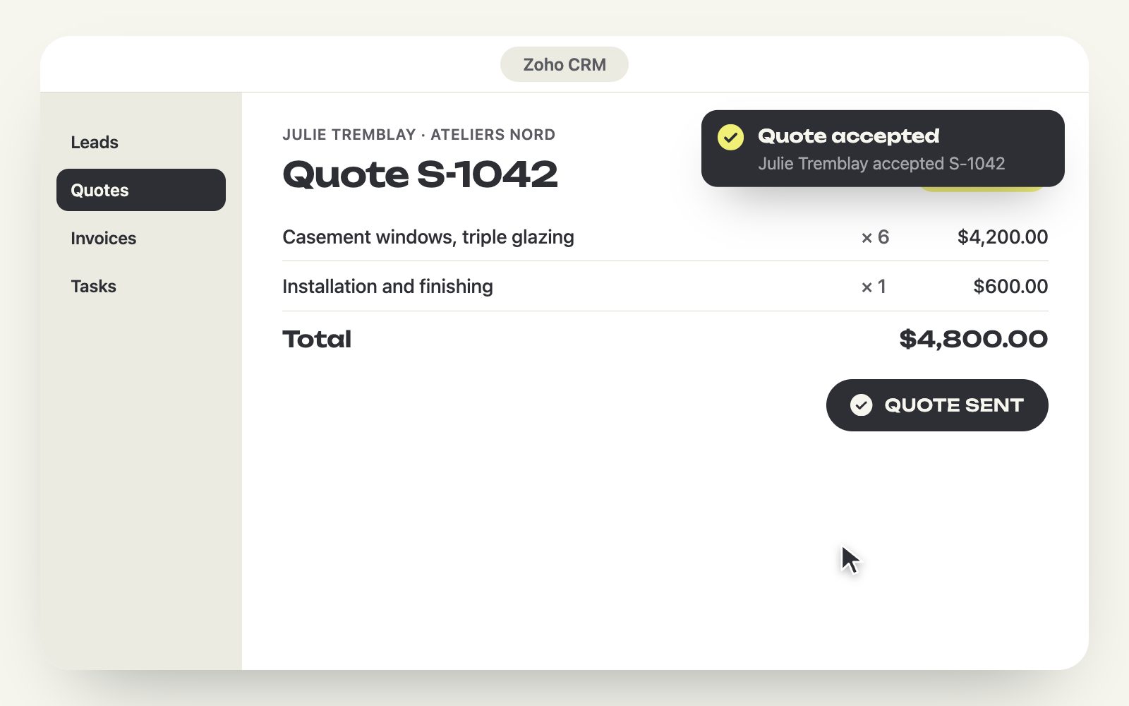 A quote accepted in Zoho CRM, demonstration