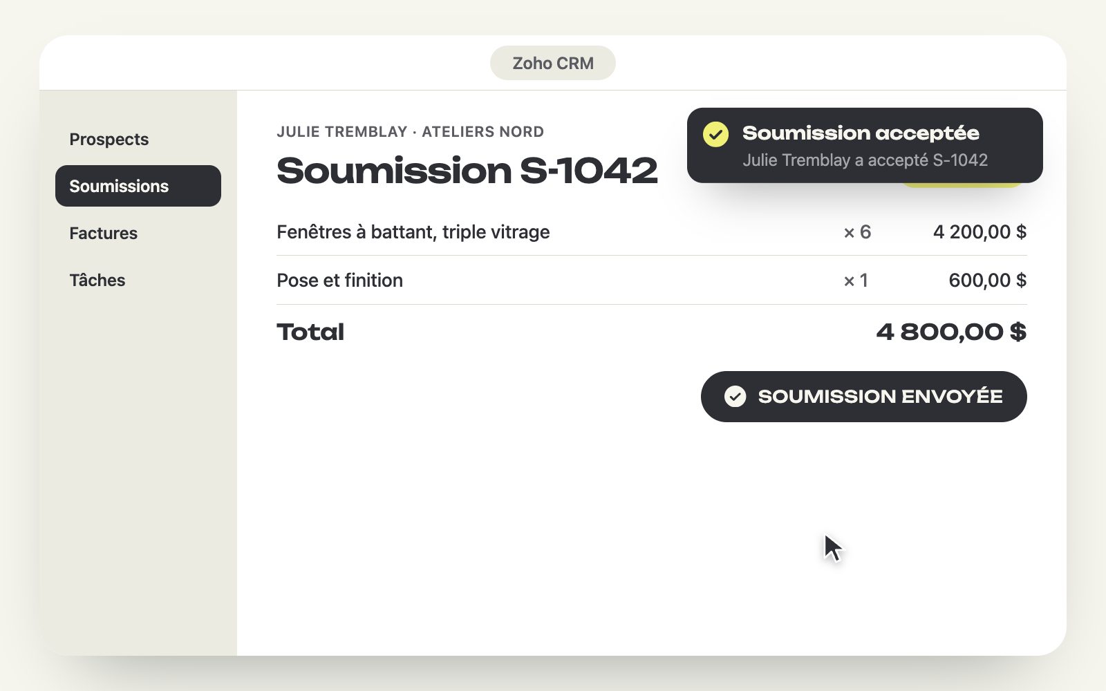 Une soumission acceptée dans Zoho CRM, démonstration
